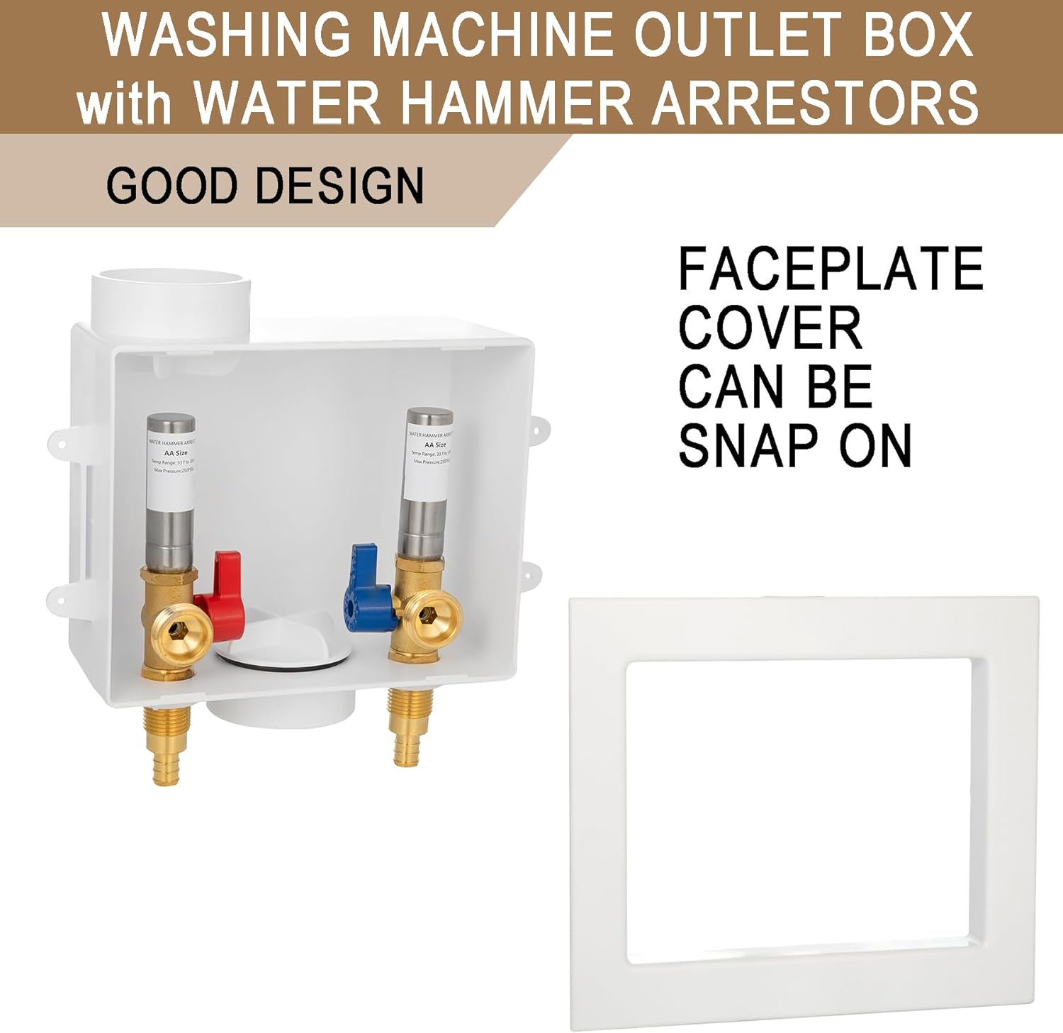 [1 Piece] Lingmfg Washing Machine Outlet Box PEX Crimp with Hammer Arrestors and 2 inch Outlet Drain, 1/2 inch Crimp PEX 1807, Connection 3/4 inch Washing Machine Hoses