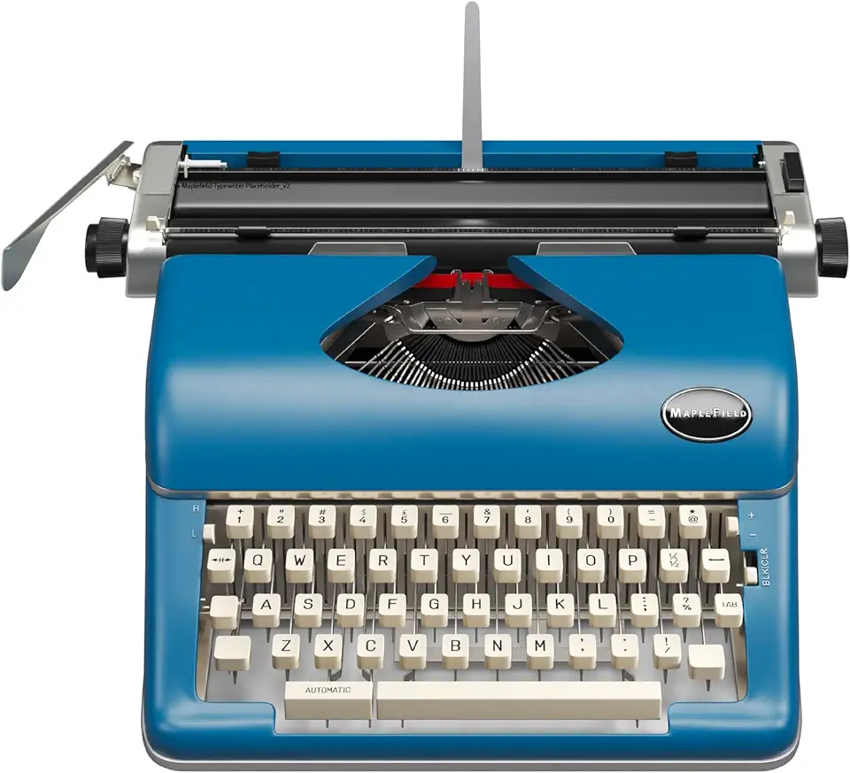 Maplefield Máquina de escrever manual vintage - Teclado de máquina de escrever tátil - Detalhe azul para decoração de mesa de escritório - Máquina de digitação portátil - Azul