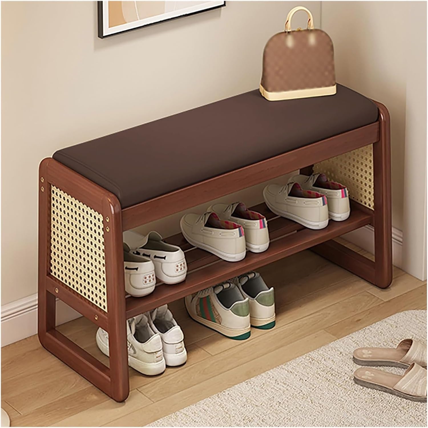 Wooden Shoe Rack Bench with Cushion, 2-Tier Storage Organizer, Brown, Rattan Design, 50.7x34.5x41 cm(Brown Finish)-image-36