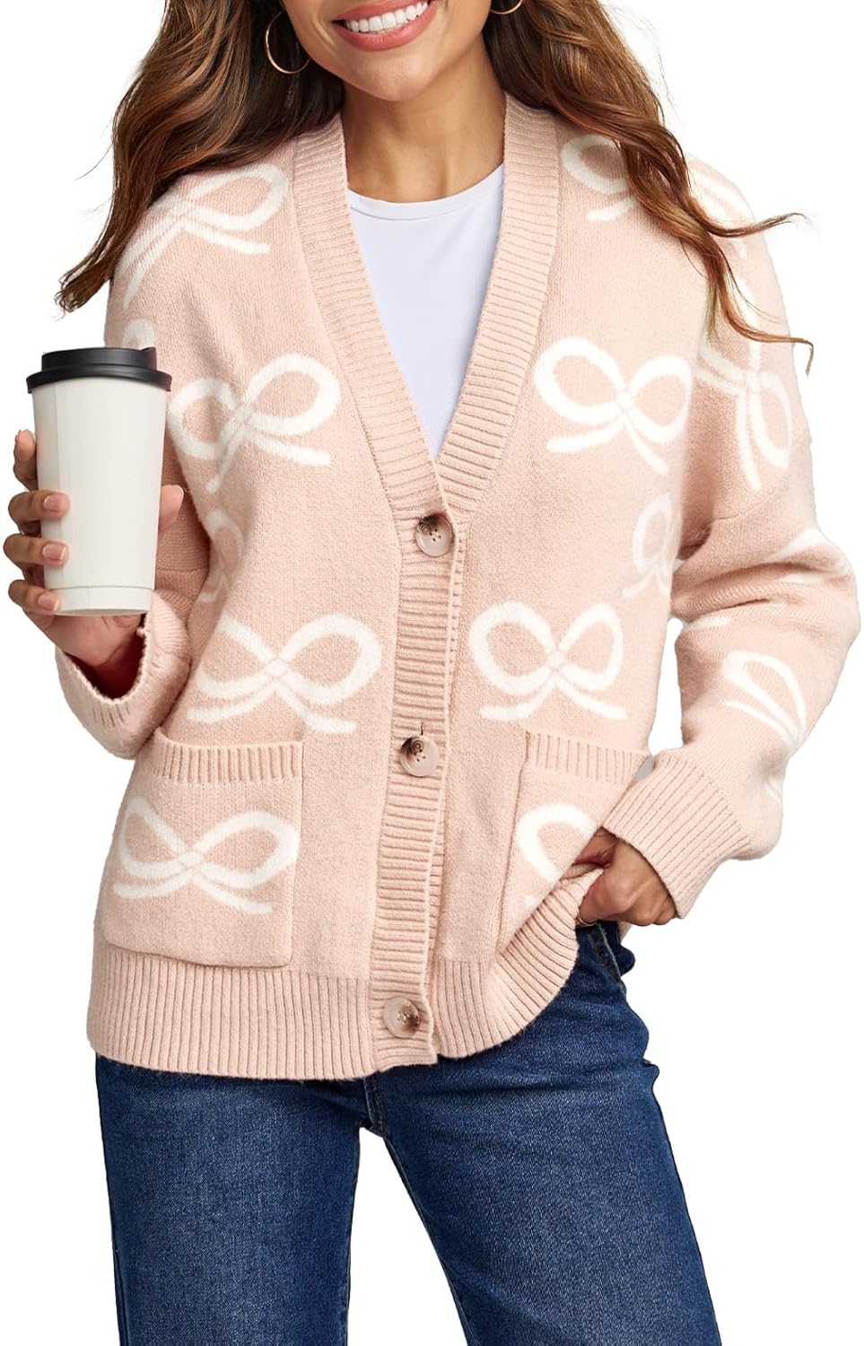 Astylish Womens Open Front Knit Cardigan Sweaters Button Down Bow Printed Outwear Coat with Pockets