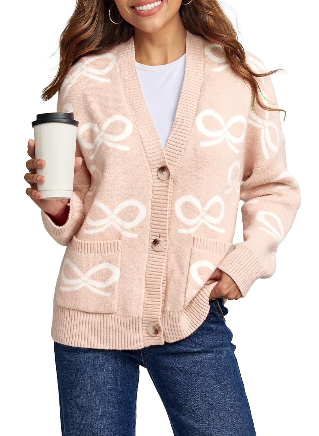 Astylish Womens Open Front Knit Cardigan Sweaters Button Down Bow Printed Outwear Coat with Pockets