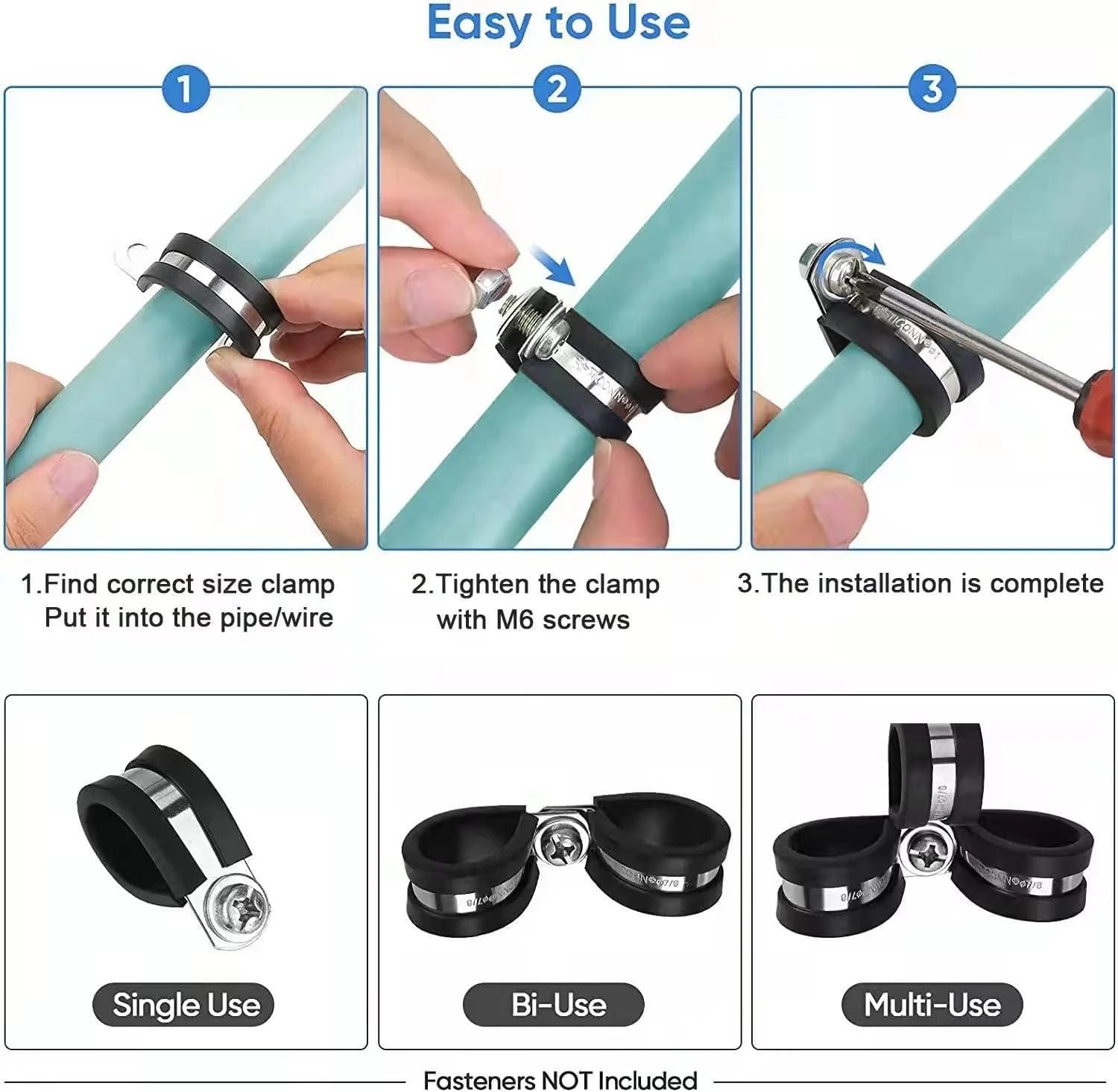 Abrazaderas tipo R for cables de manguera de montaje en pared, 30 unidades, 6-45 mm, con revestimiento de goma, tipo P, for tuberías.(32mm)