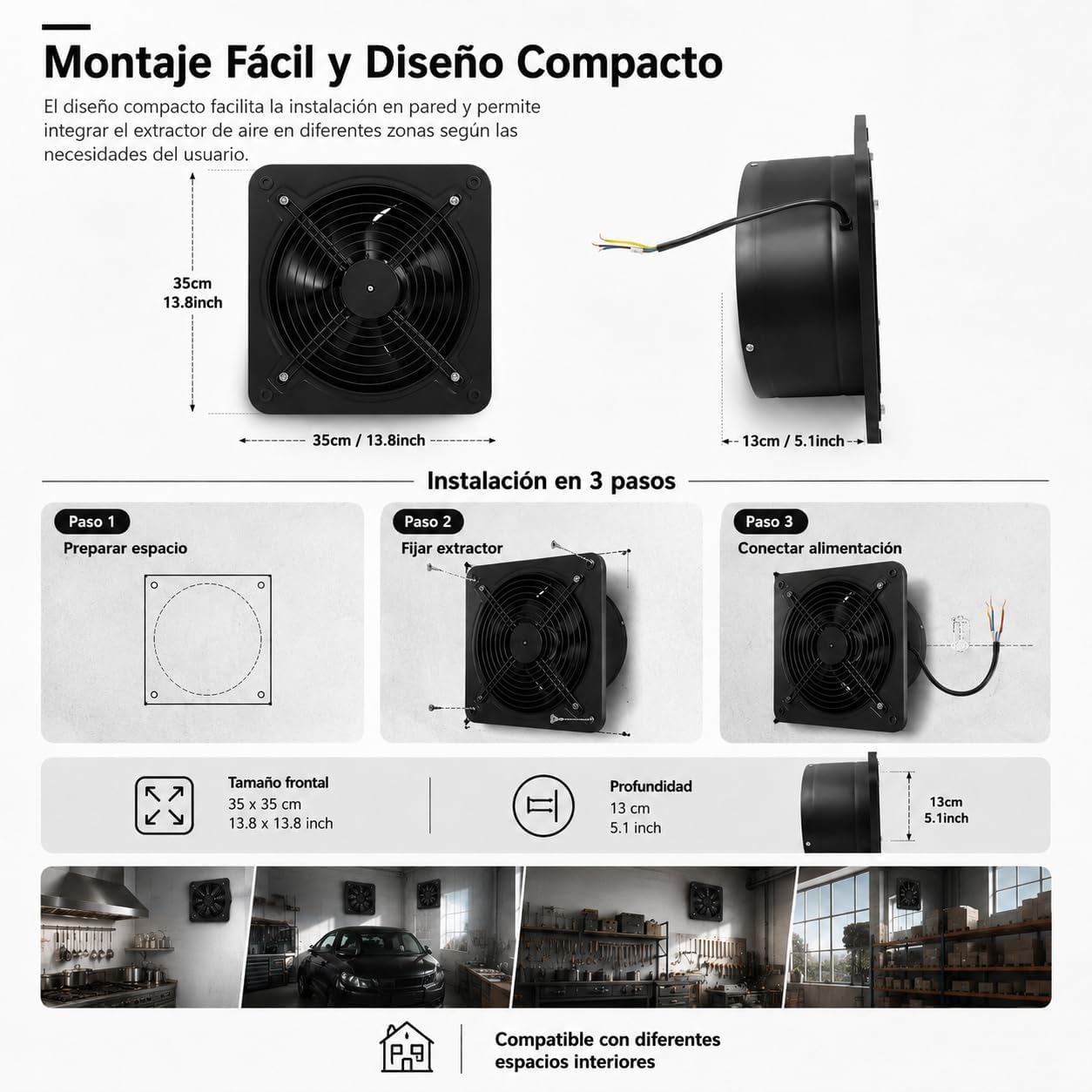 Estrattore di aria da 300 mm, 2850 m³/h, doppio cuscinetto a sfera, ventilatore metallico da parete con 5 pale, per cucine, garage, magazzini, officine e cantine, nero