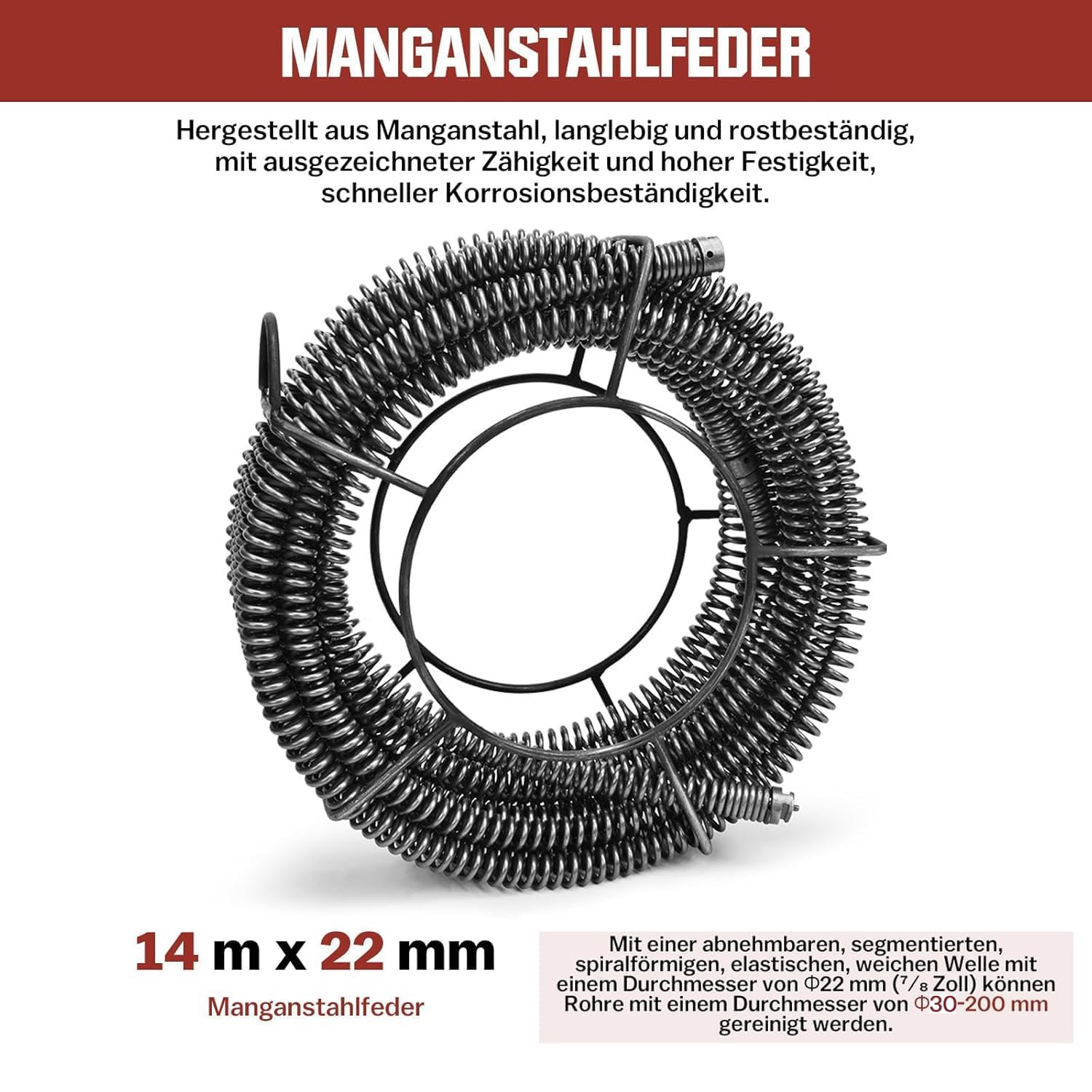 Zestaw spirali do czyszczenia rur, średnica 22 mm x 14 m | Elastyczna spirala do czyszczenia rur, urządzenie do czyszczenia rur elektrycznych, do czyszczenia rur