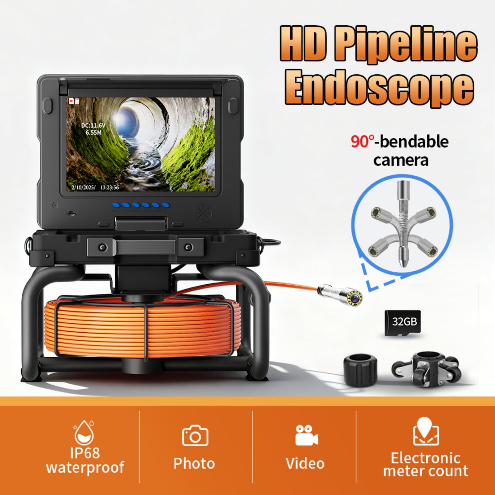 AHD 9"Borescope,Endoscopio Industrial,Camara Inspeccion Tuberias,Sonda Acero Inoxidable 23mm,Contador Metros,Transmisor 512HZ Autoequilibrado,12 Lamparas LED Blancas,Inspeccion Tuber(Size:50 M/164 FT)