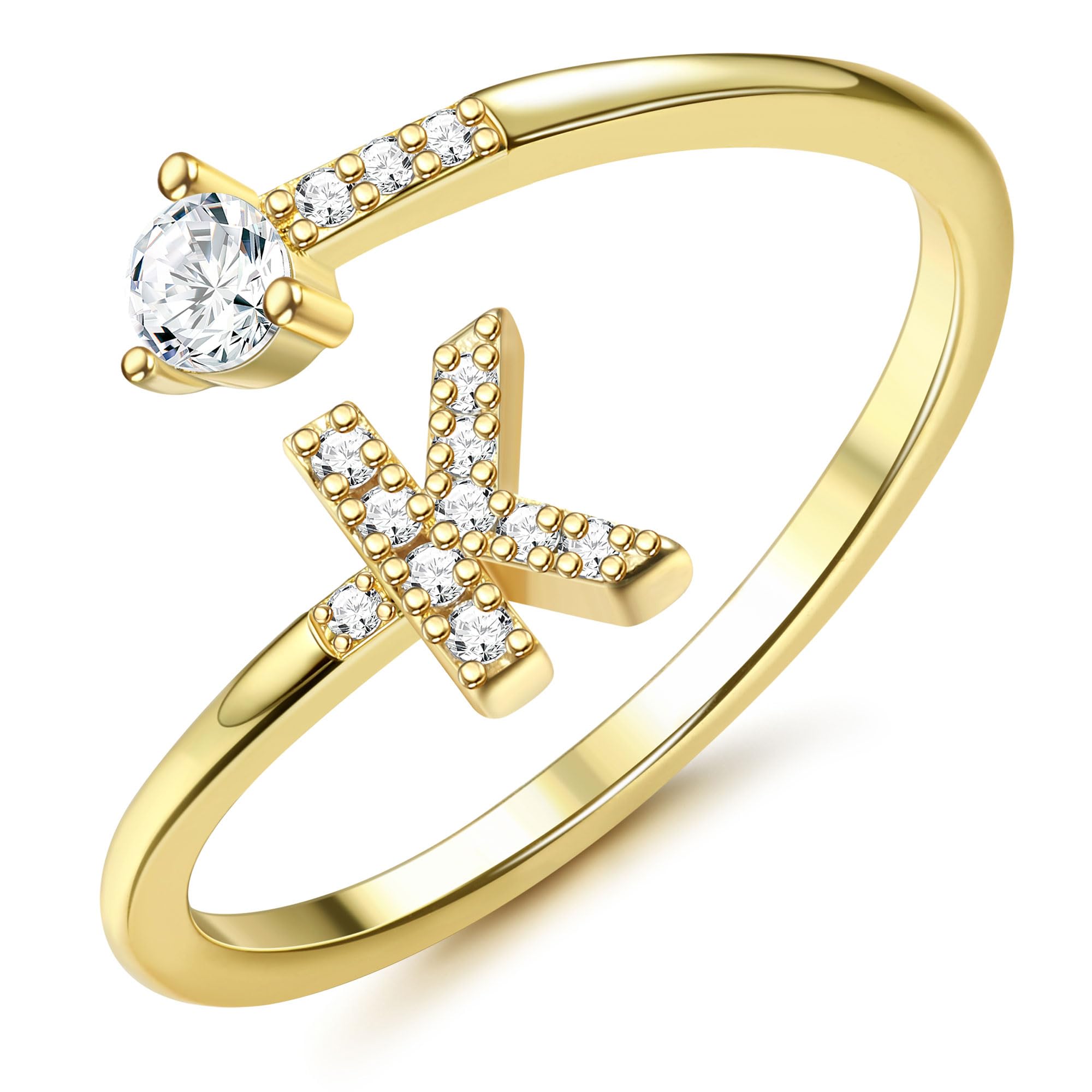 DiamdayA to Z Initial Ring for Women Teen Girls Stackable Adjustable Crystal Inlaid Alphabet Letter 14K Gold Rings Bridesmaid Jewelry Christmas Birthday Gift for Her