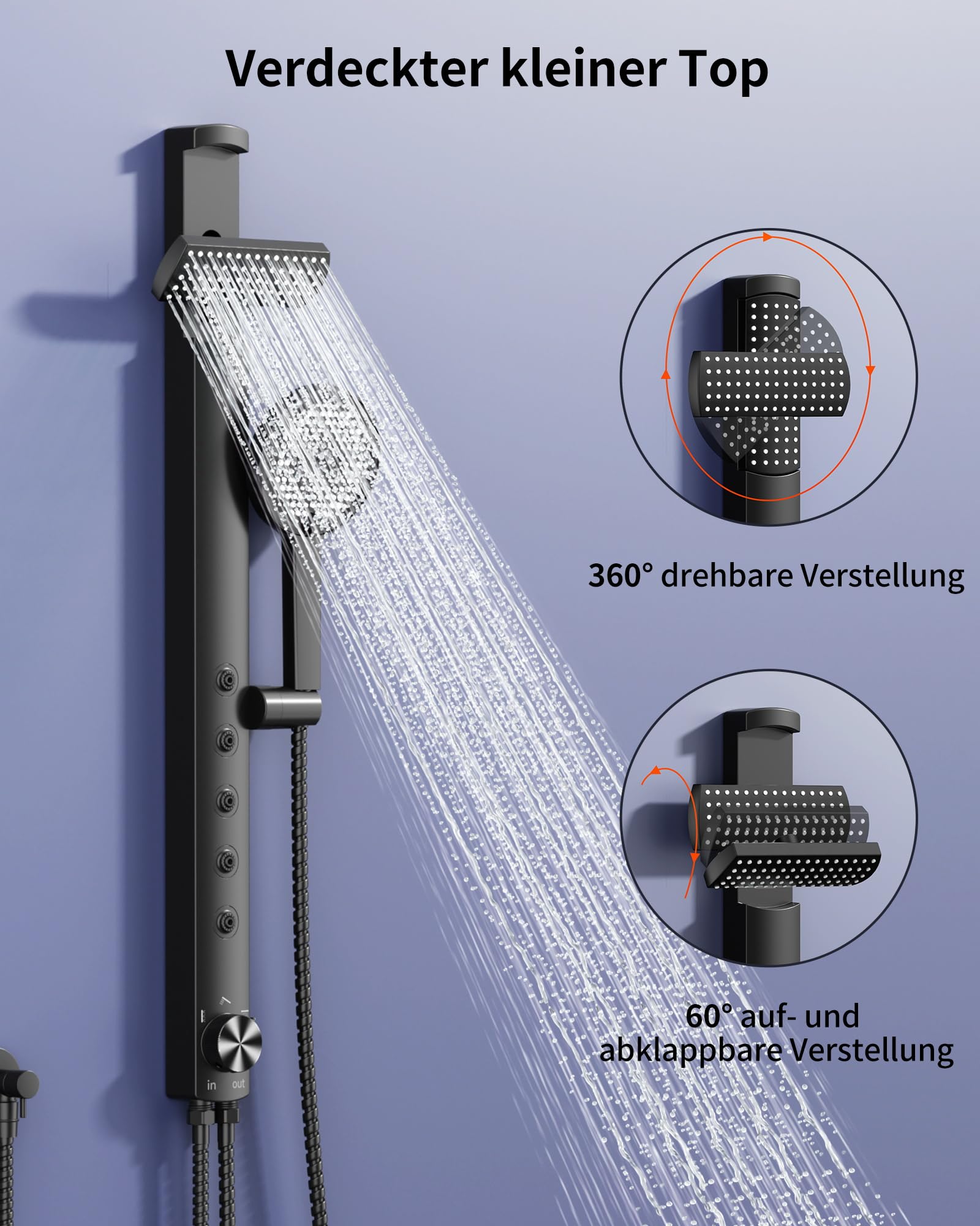 Rainsworth Regendusche ohne Armatur, Höhenverstellbares Duschset, Schwarz | Duschsystem mit 3 Strahl Handbrause, Schlauch & Halterung, 40cm Verstellbare Duschstange für Komfortable Badezimmer Duschen
