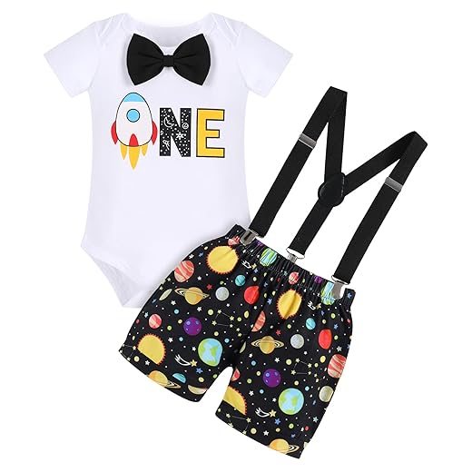 Space Outfit Baby Boy 1st Birthday Outfits Space Theme Birthday Party Supplies Romper Bodysuit Suspenders Shorts Pants Bloomers Cake Smash Photo Shoot First Birthday # Black - Rocket 12-18 Months