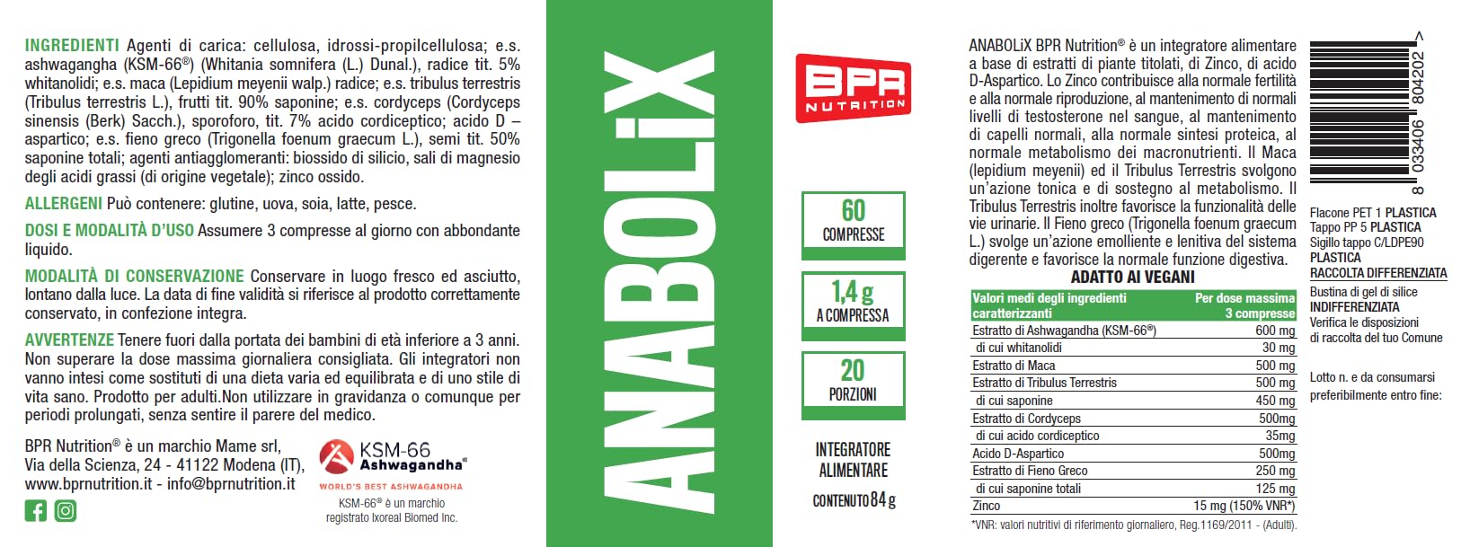BPR Nutrition - Anabolix 60 compresse - Integratore ad azione tonico-stimolante, adattogena e rimodellante con aggiunta di zinco e acido D-aspartico