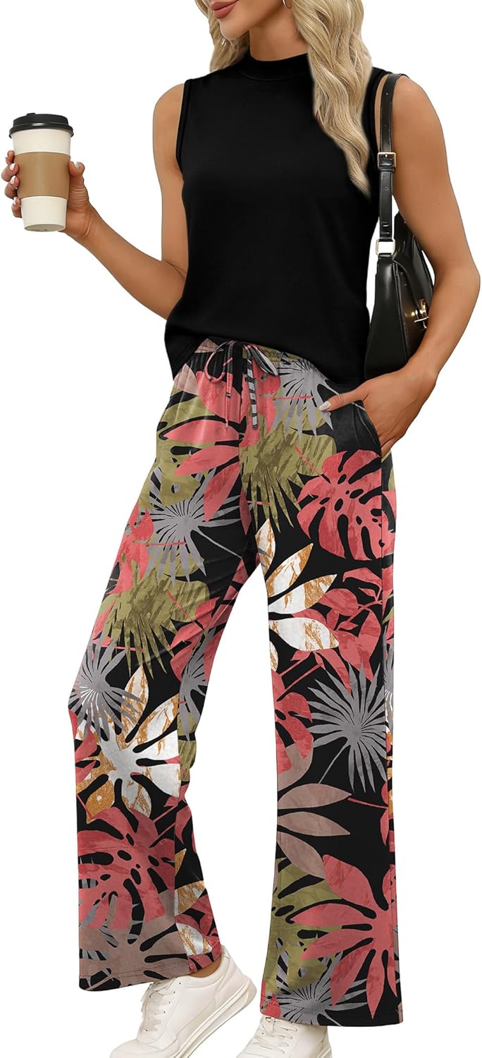 WIHOLL Two Piece Set for Women Summer Spring Outfits Cruise Travel Airport Beach Vacation Mock Neck Wide Leg Pants Set - Image 2