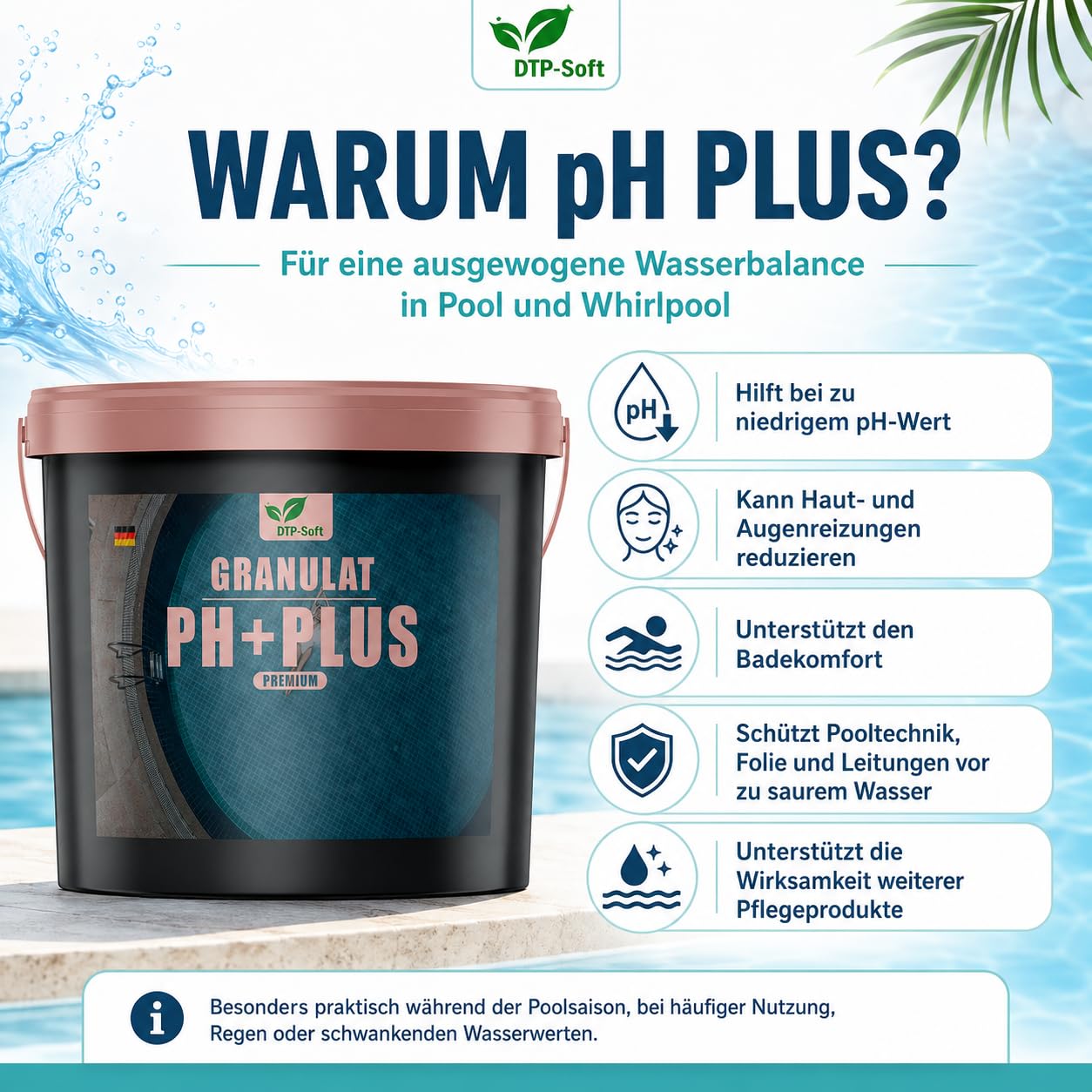 pH Plus Heber Granulat 10 kg - pH Wert Heber für Schwimmbecken und Whirlpool - wasserlöslicher pH Regulator zur pH-Wert Erhöhung, Pool Wasserpflege Granulat - Premium Schwimmbadpflege