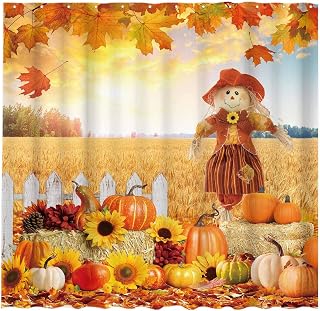Allenjoy 72" x 72" Fall Scarecrow Shower Curtain Set with Hooks Autumn Pumpkin Harvest Thanksgiving Hay Farmhouse Home Bathroom Bathtubs Decor Washable Durable Fabric