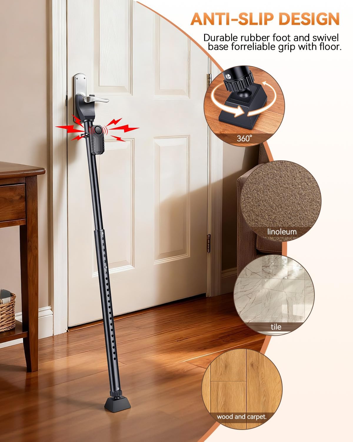 Door Security Bar & Sliding Patio Bar with Alarm, Heavy Duty Stoppers Adjustable Jammer for Home, Apartment, Travel(113 dB Extra Loud Alarm), Black Door Stoppers Security Bar