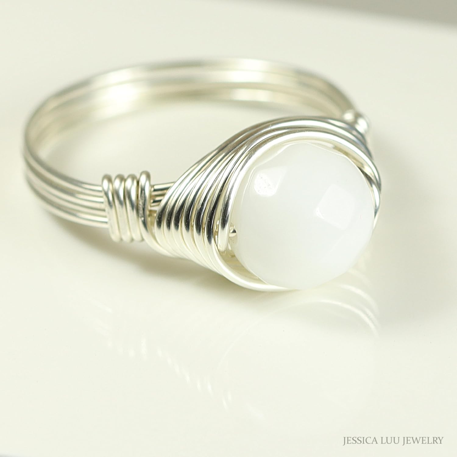 JESSICA LUU JEWELRY White Alabaster Gemstone Ring - Sterling Silver or Gold Wire Wrapped Handmade