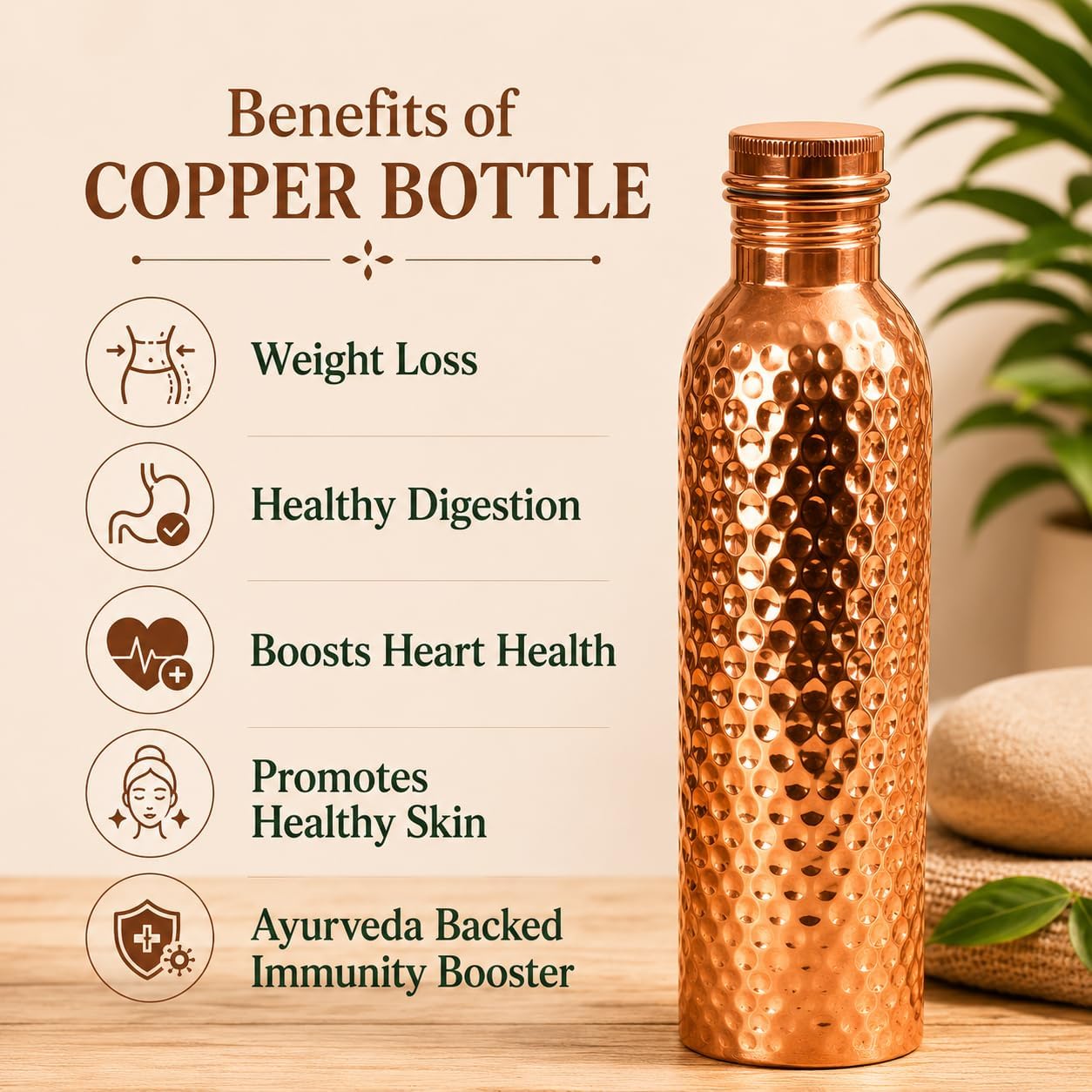 Premium Pure Copper Water Bottle for Drinking – Extra Large 34 Oz Wide Mouth, Hammered Ayurvedic Real Copper Water Bottles, Handcrafted Leak-Proof Vessel, Reusable & BPA-Free image 3