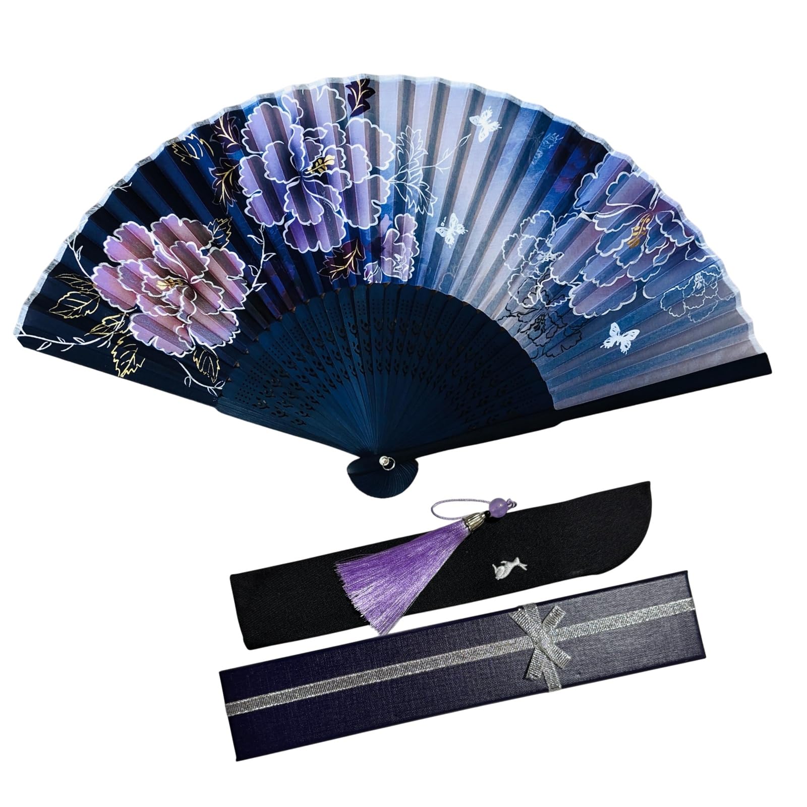 Seasonal Folding Fan, Indigo Peony