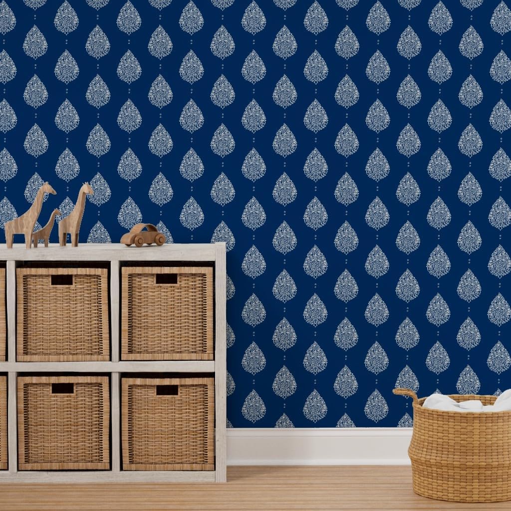 Peel & Stick Wallpaper 3ft x 2ft - Moroccan Paisley Navy Ogee Inspired Wordly Boho Indigo White Ornate Custom Removable Wallpaper by Spoonflower