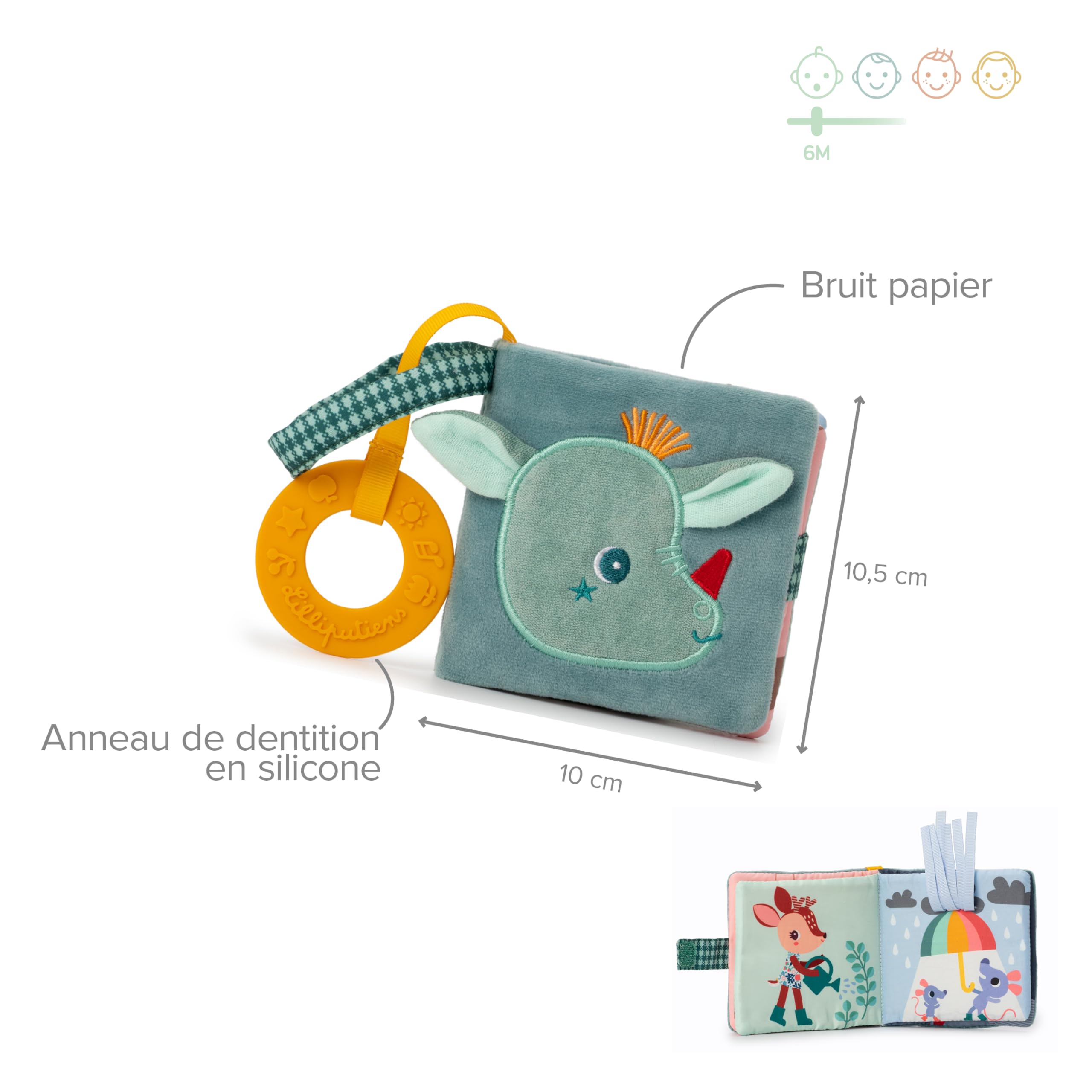Lilliputiens - Primer Libro de Tela para bebés Joe el Dragón - Libro de despertar interactivo con anillo de dentición y actividades sensoriales - Primer libro para estimular a los bebés- 6 meses,83496
