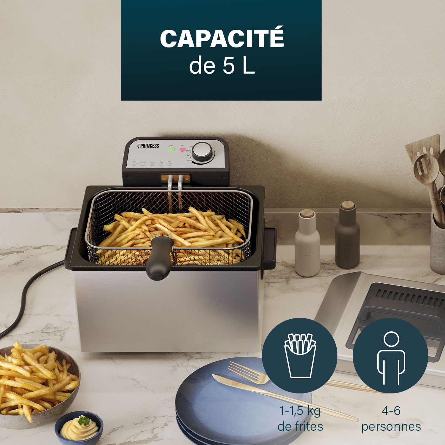 Princess Friteuse, capacité 5 L, 3270 W, technologie de zone froide, hublot, acier inoxydable, double thermostat, facile à nettoyer, éléments amovibles, 01.184090.01.001