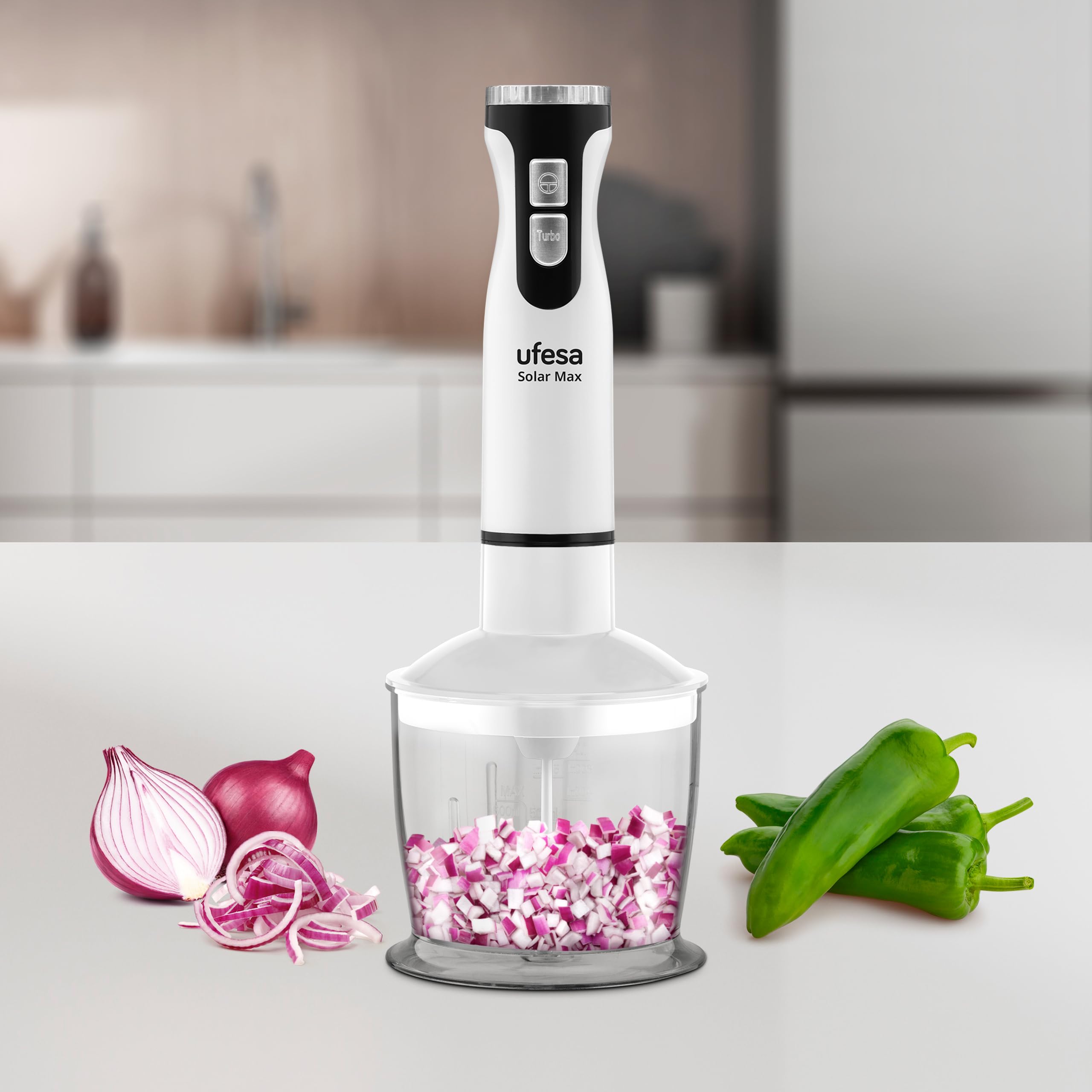 Ufesa Solar Max Frullatore a Mano, Potenza 1200W, 12 Velocità + TURBO, 4 Lame in Acciaio Inox, Design Ergonomico e Anti-Spruzzi, Accessori Inclusi, Senza BPA