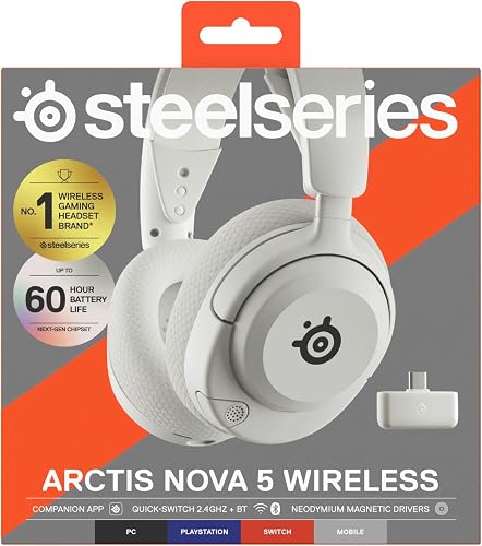 SteelSeries Arctis Nova 5 Bianco - Cuffie gaming wireless multi-sistema - Driver magnetici al neodimio - 100+ preset audio - Batteria 60 HR - 2,4GHz o BT - Microfono ClearCast Gen2.X - PC, PS5 - 13