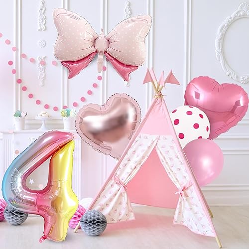 Miniatura 10 de 14 globos de fiesta de ratón, con lazo rosa, globos metálicos de papel de aluminio rosa intenso, incluye globo de cumpleaños del número 5, arco