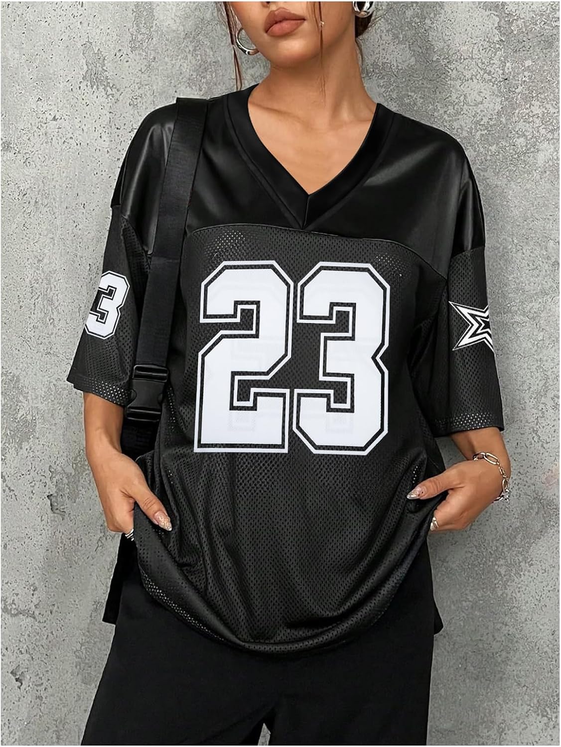 Oversized Jersey Women V Neck Tshirt Number Graphic Tee Y2k Streetwear Short Sleeve Top - Image 6