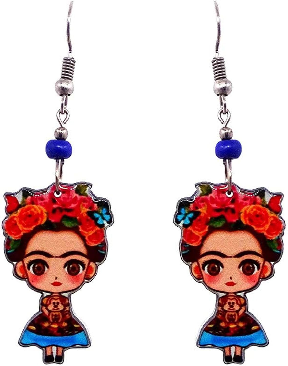 Frida Inspired Cartoon Doll Mexican Artist Dangle Earrings - Ethnic Fashion Handmade Jewelry Boho Accessories