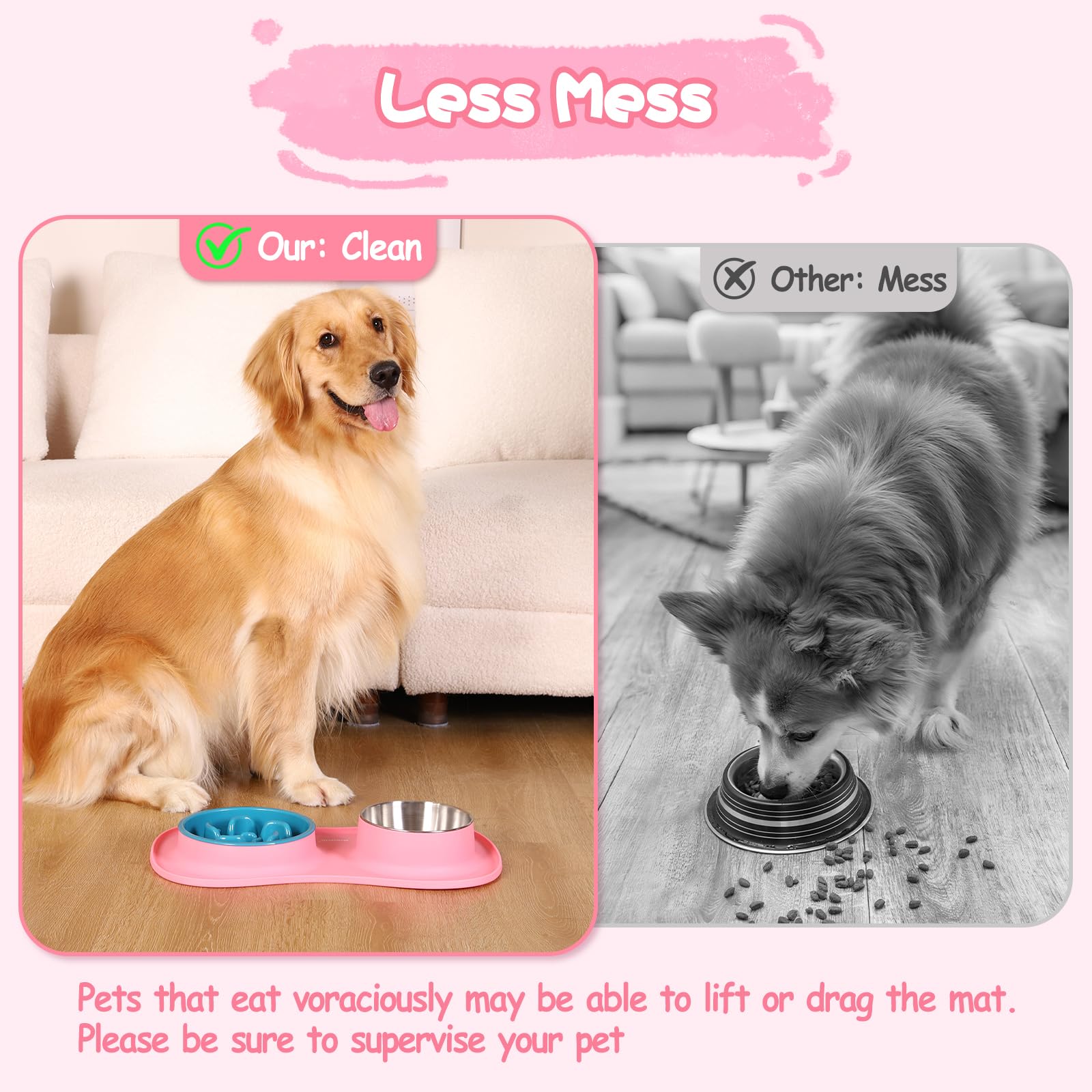 MateeyLife Set di ciotole per cibo per cani 3 in 1, ciotole per cani con alimentazione lenta e ciotola in acciaio inox con tappetino in silicone anti-fuoriuscita, ciotole per l'alimentazione lenta per