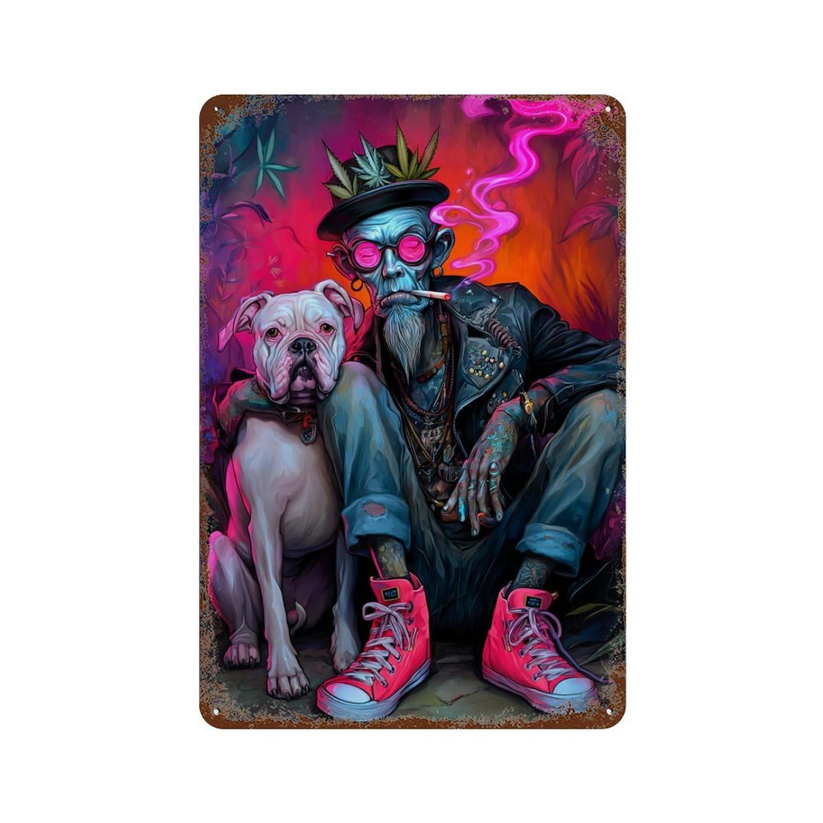 Stoner Hipster with Bulldog 11.8"x7.9" Vintage Rust Metal Sign, Classic Wall Plaque for Pub, Kitchen And Man Cave Decor