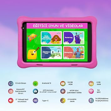 NPO 8 IPS Ekran Android 13.0 A133P 1.8GHz Antişok Çocuk Tableti, Kids Tablet (4GB RAM - 64 GB Kapasite, Pembe, 8 İnç)