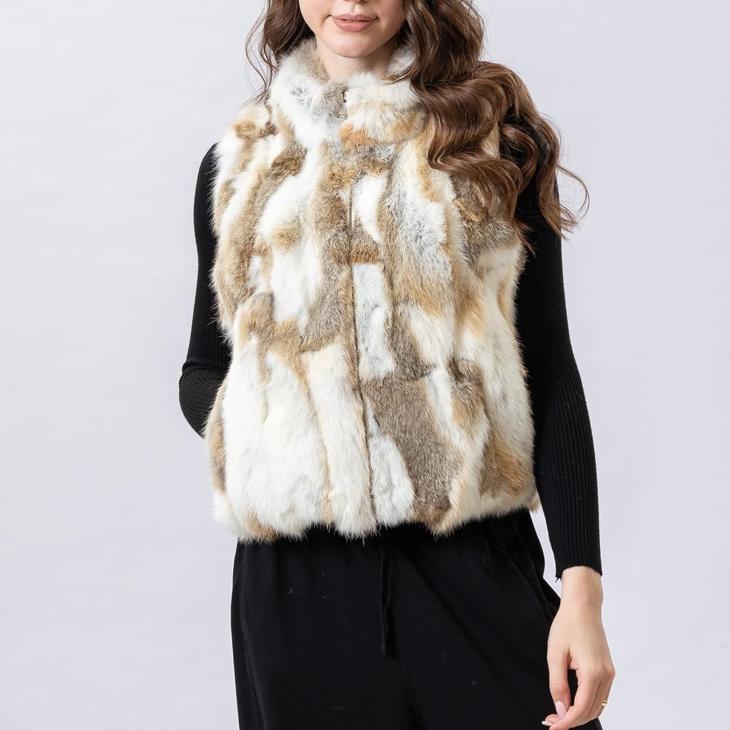 LVCOMEFF Women Real Rabbit Fur Vest Furry High Collar Sleeveless Outwear Top Winter