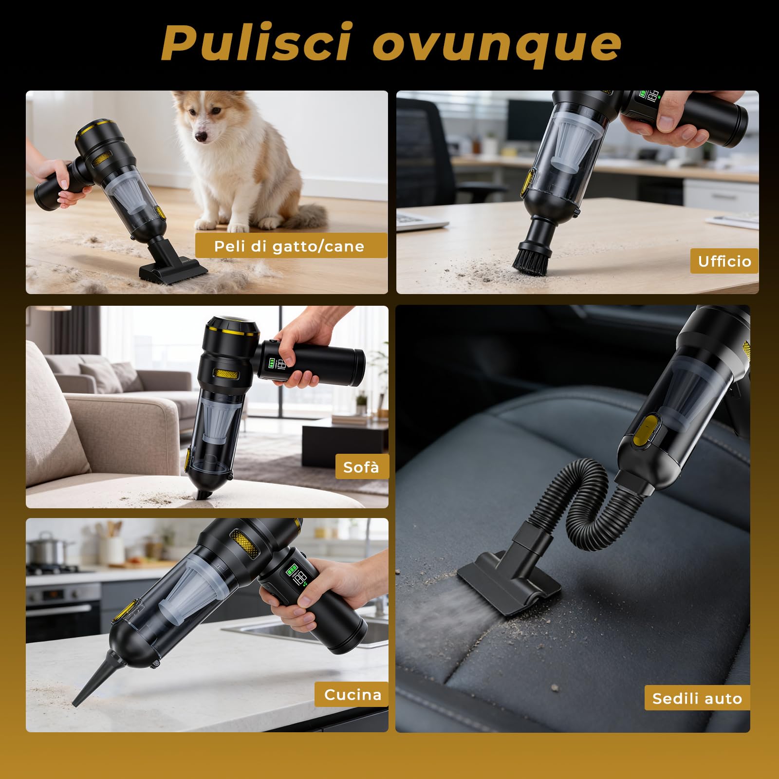 HOVIN Aspirabriciole Senza Fili, 24000Pa Aspirapolvere Auto Portatile, Aspiratore e Soffiatore con Motore Brushless, per la cucina, l’automobile, la casa, i peli di animali (Nero e oro)