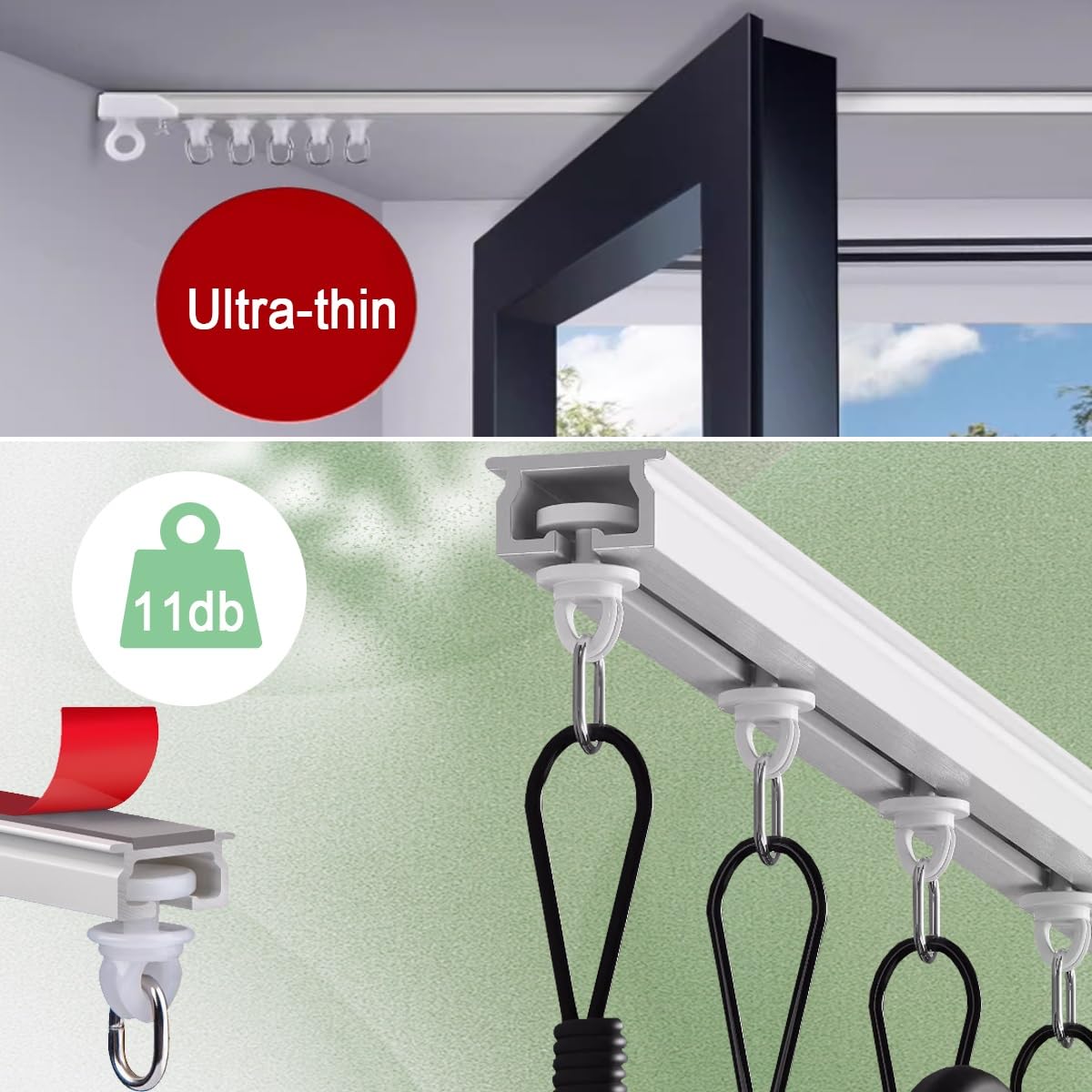 Tringle à rideaux adhésive réglable sans perçage de 50 à 500 cm avec clips et crochets, parfaite pour salles de bains et camping-cars