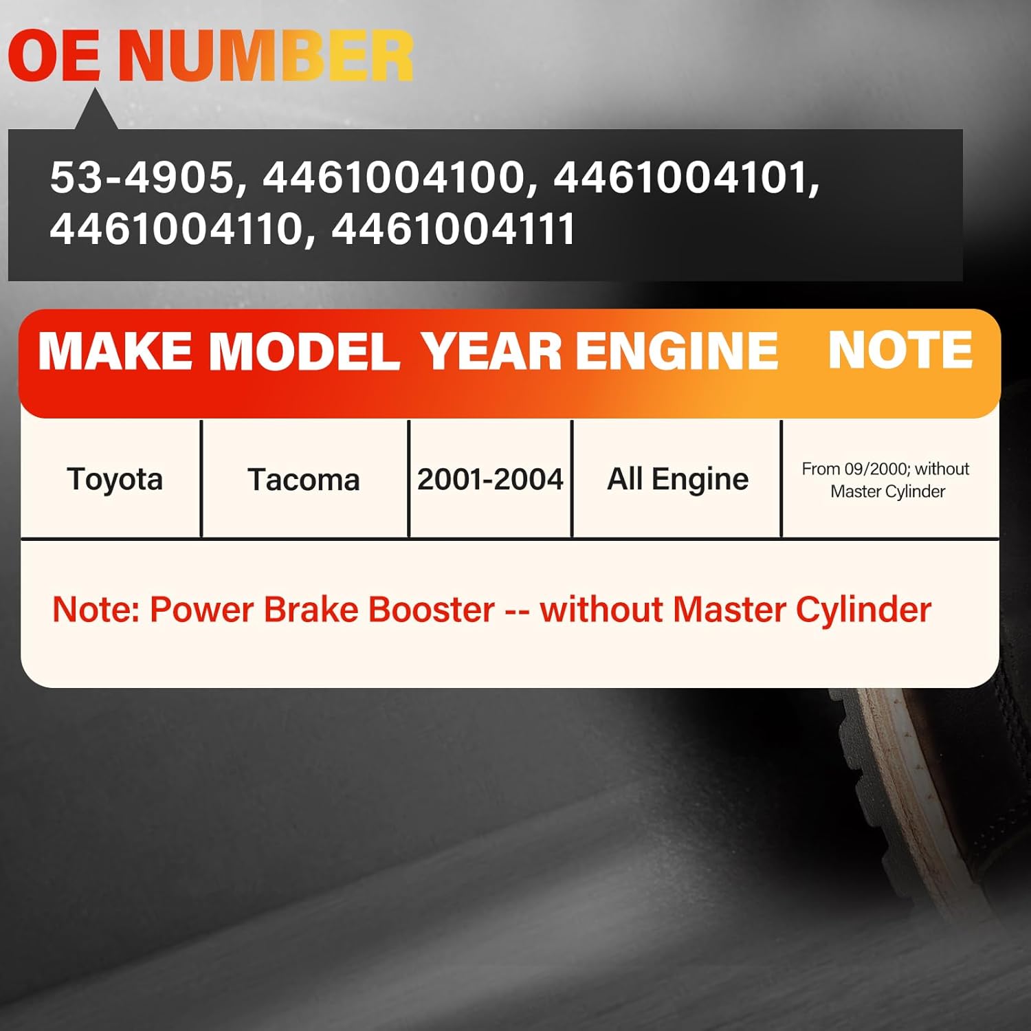 53-4905 Vacuum Power Brake Booster Compatible with Select Toyota Models - Tacoma 2001 2002 2003 2004, Without Master Cylinder, Replace# 4461004100, 4461004101