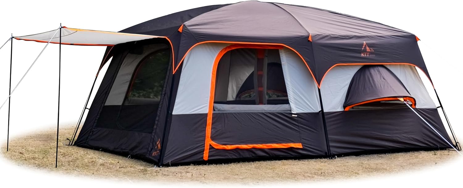 KTT Extra Large Tent 12 Person,Family Cabin Tents,2 Bay-Windows,2 Rooms and 3 Doors 3 Windows with Mesh,Waterproof,Straight Wall,Double Layer,Big Tent for Outdoor,Picnic,Camping