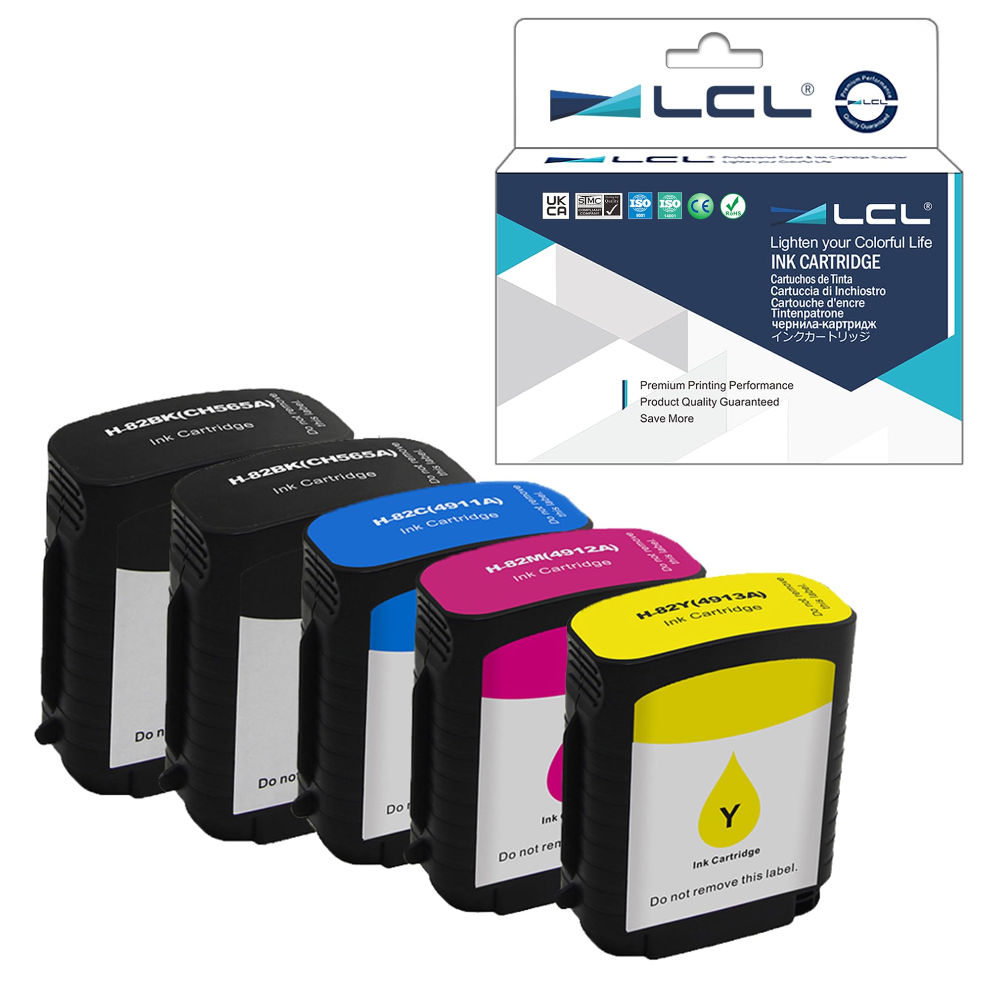 LCL Compatible Professional Version Ink Cartridge Replacement for HP 82 CH565A C4911A C4912A C4913A 510 (2Black Cyan Yellow Magenta 5-Pack)