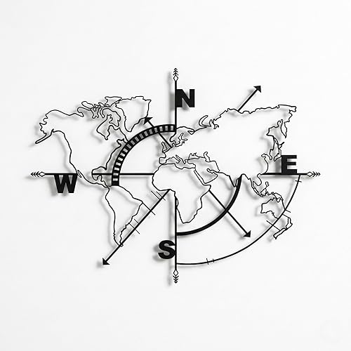 DEKADRON Metal World Map Wall Art Compass, World Map Without