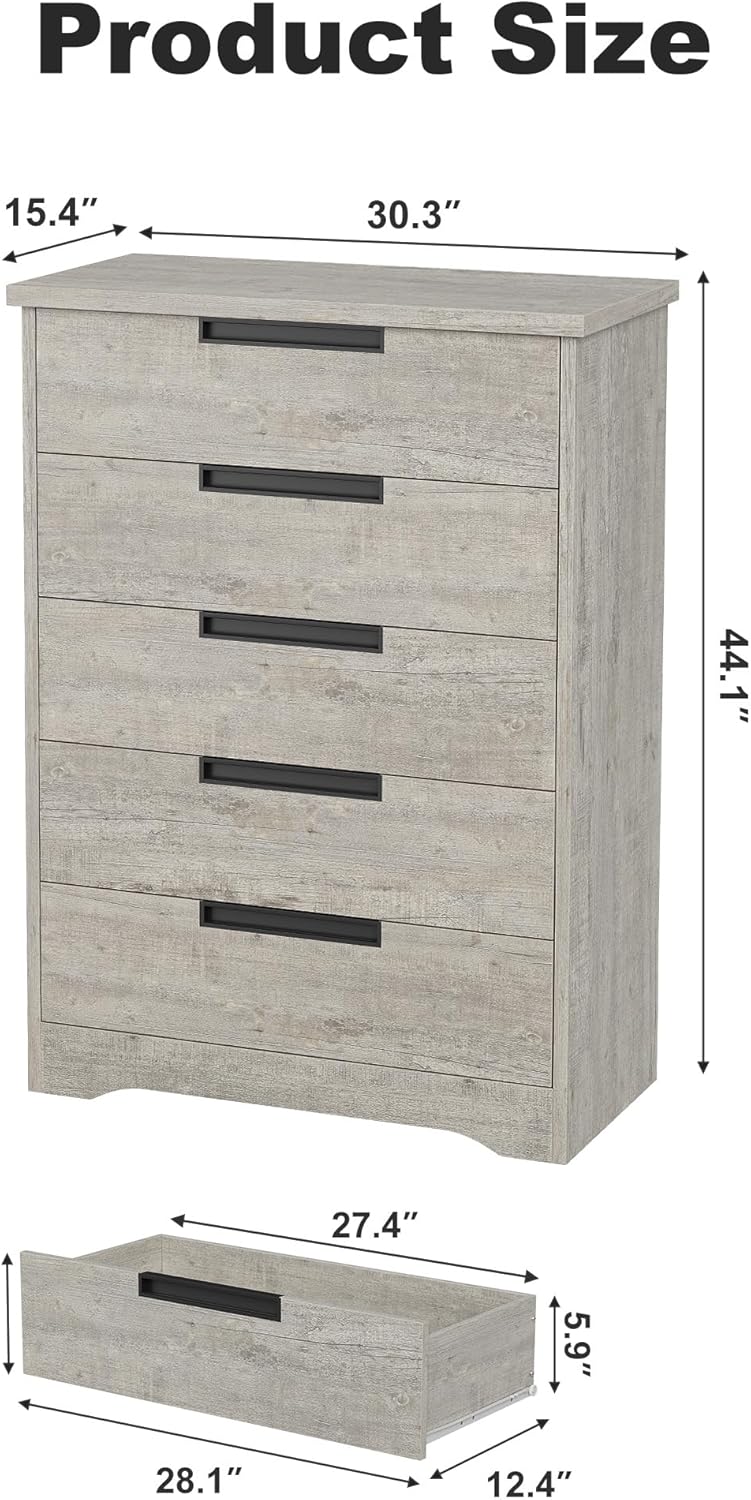 GarveeHome 5 Drawer Dresser for Bedroom, Gray Chest of Drawers with Embedded Handles, Wooden Dresser Organizer for Living Room, Nursery, Hallway and Entryway
