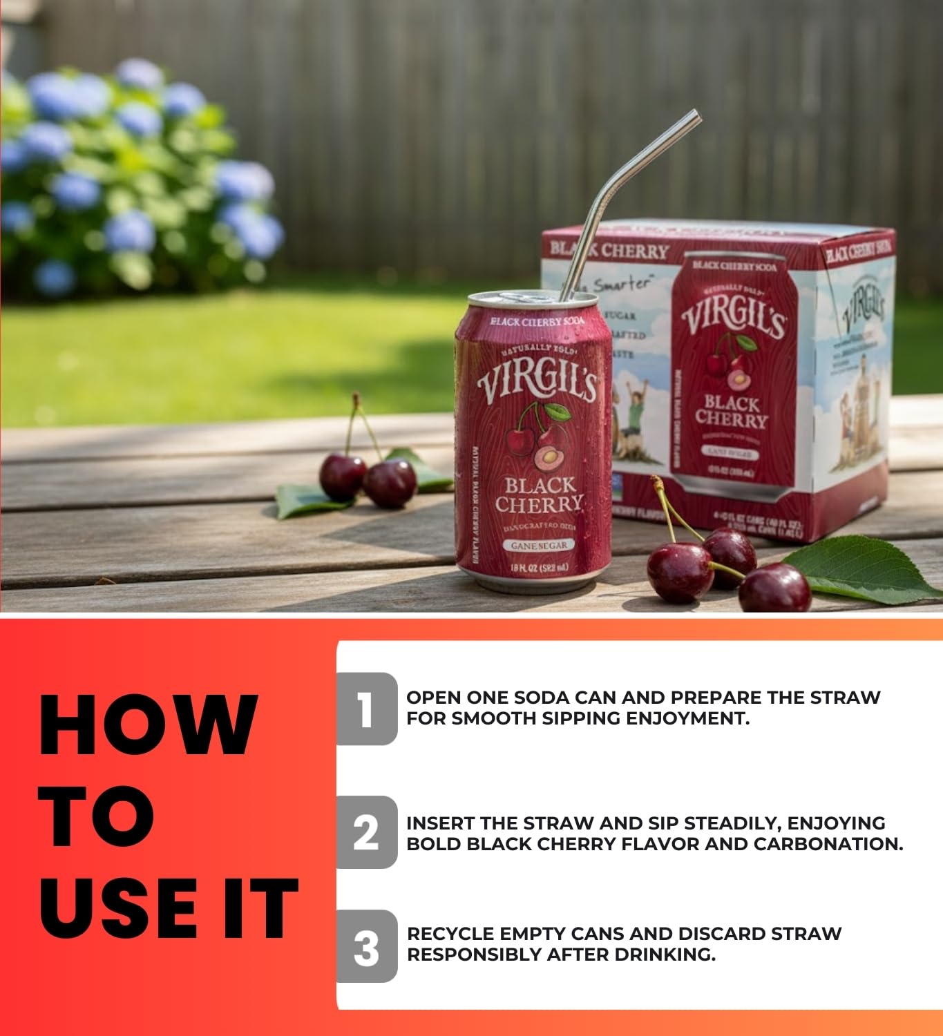 6x Soda Black Cherry 4-Pack Cans 48 fl oz Bundle with Paper Straw 50-Pack — Cherry Soda Handcrafted & Creamy Flavor for Refreshing Drinks — Gift Set (7 Items)