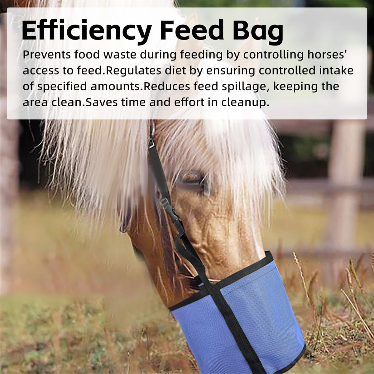 HAICHEN TEC Durable Horse Feed Bag Premium Heavy Duty Adjustable Strap Waterproof Bottom Breathable Mesh Design-Muzzle Feeding Straw Grain Dispensing (Orange)