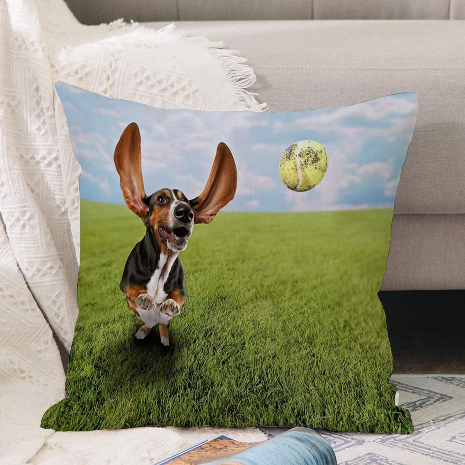 Cushion Covers 18x18 Inch,a Cute Basset Hound Chasing a Tennis Ball in a Park or Yard on The Grass,Throw Pillow Cover Soft Pillowcases with Invisible Zipper for Sofa and Couch 45x45cm
