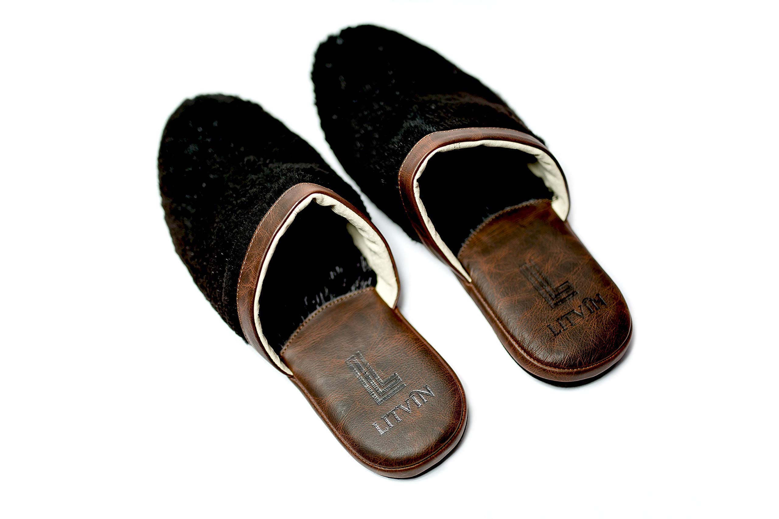 Slippers Mens House Shoes Leather Slippers Black Fur of Nutria Slippers Closed Toe Slippers Home Slippers