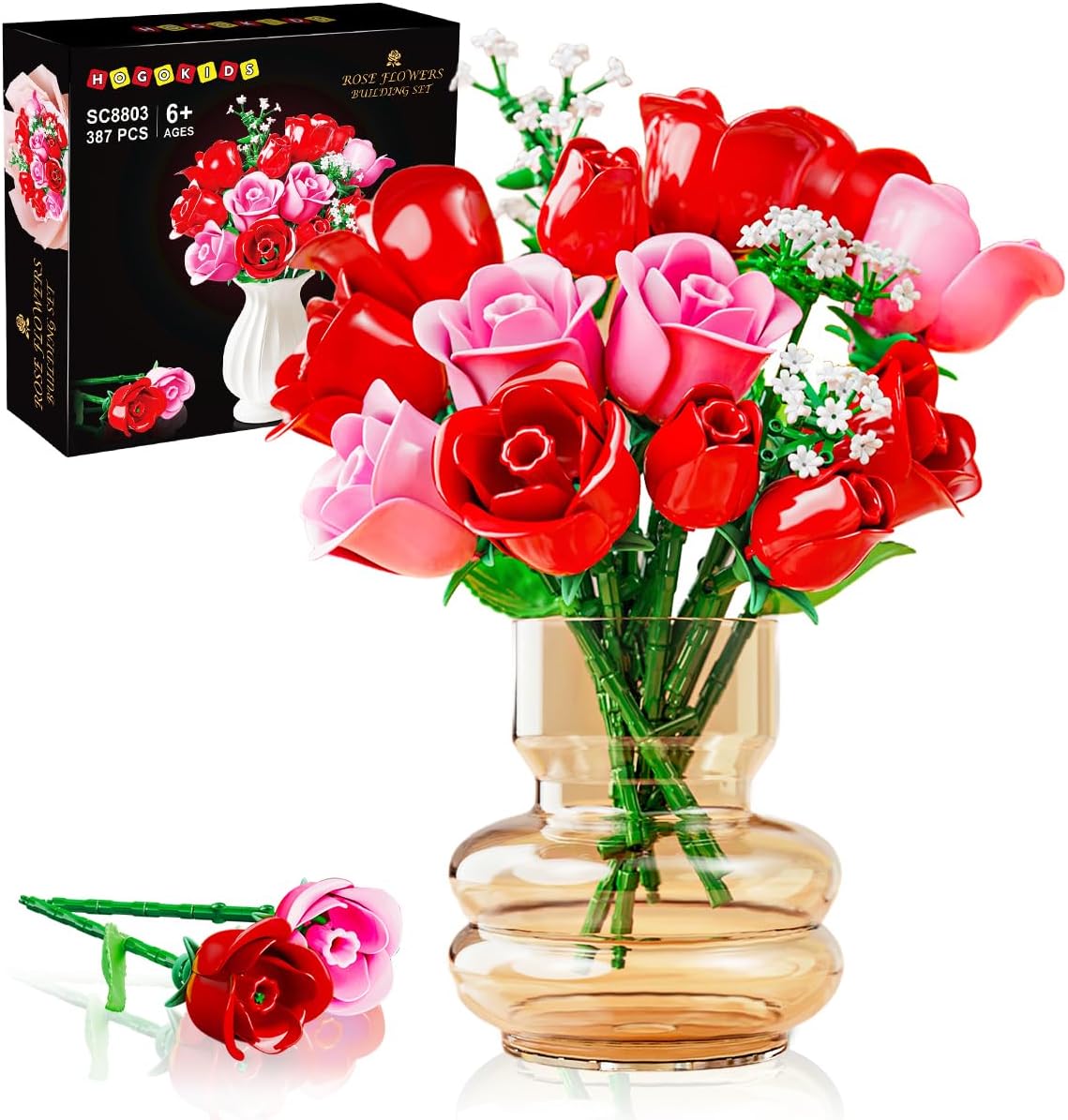 HOGOKIDS Flowers Bouquet Building Set with Lights - Gifts for Mothers Day - 16 Roses Bouquet Botanical Building Blocks Artificial Red Roses Flower for Home Decor for Adults Girl - 387PCS (Pink)