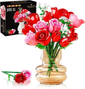 HOGOKIDS Flowers Bouquet Building Set with Lights - Gifts for Mothers Day - 16 Roses Bouquet Botanical Building Blocks Artificial Red Roses Flower for Home Decor for Adults Girl - 387PCS Pink