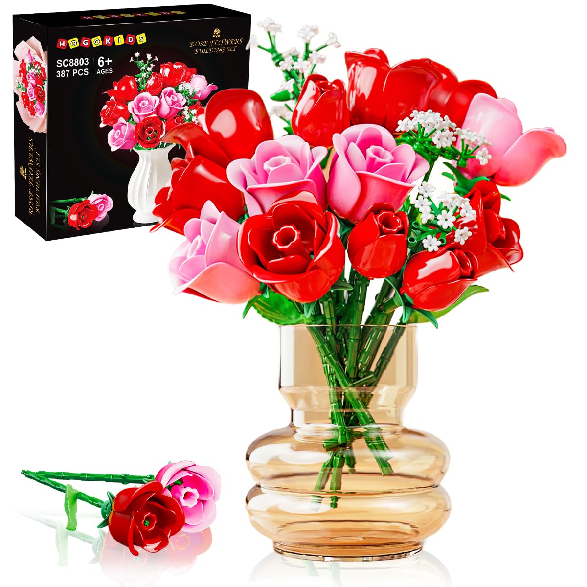 HOGOKIDS Blumenstrauß-Bausatz mit Lichtern - 16 Rosenstrauß botanische Bausteine künstliche Rot Rosen Blumen für Heimdekoration Muttertag Geburtstagsgeschenke für Mädchen Erwachsene - 387 Teile (ROSA)