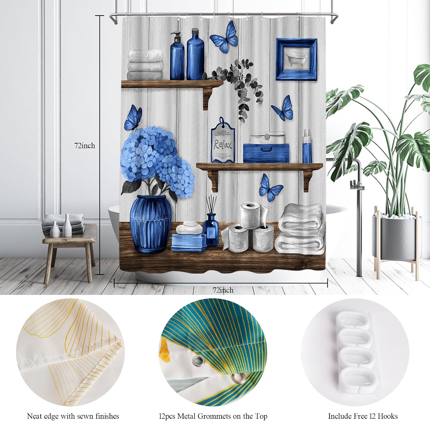 Blue Butterfly Hydrangea Shower Curtain, Farmhouse Bathroom Decor, Waterproof Polyester, 72x72 Inches (Navy Blue)