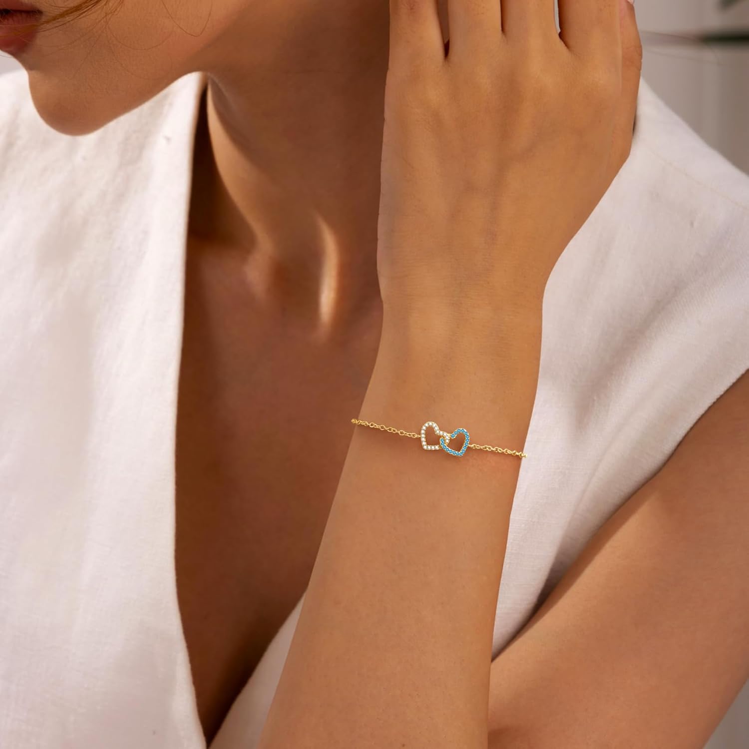 Valentines Day Gifts for Women Teens, Gold Interlocking Heart Bracelet with 1-12 Birthstone Mother Daughter Bracelets Best Friend Friendship Gifts Anniversary Birthday Mothers Day Jewelry - Image 2