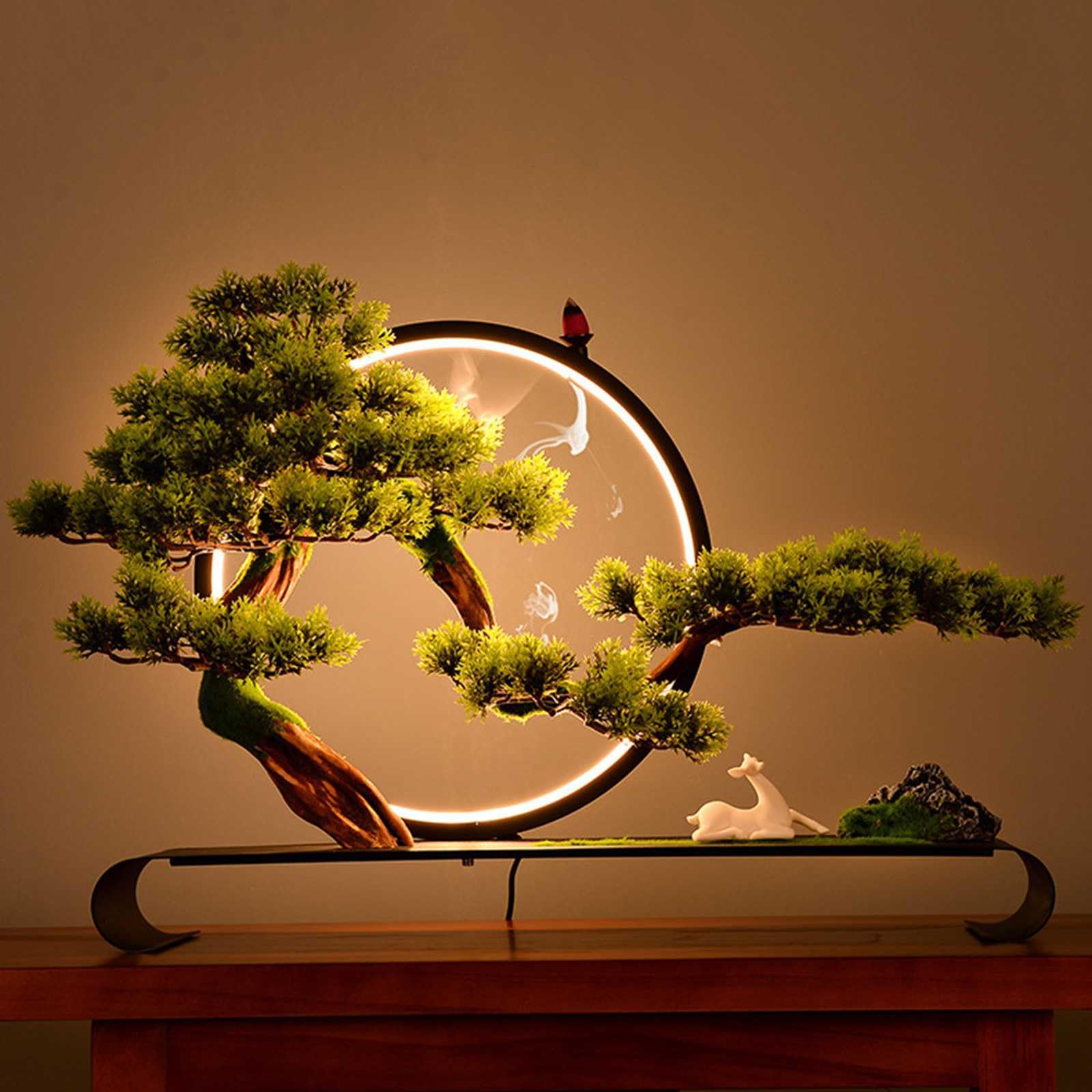 Bonsaï Artificiel avec Lampe LED, Arbres Artificiels en Pin de Bienvenue Zen avec Encens à Refoulement, Arbre Artificiel Décoration Moderne Cadeau de Pendaison de Crémaillère