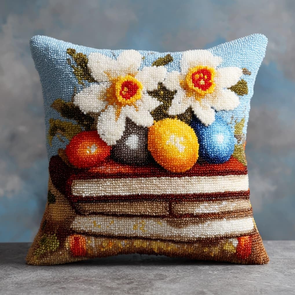 WallustrioaW DIY Latch Hook Kits for Adults,Books and Easter Eggs,Pillow Cover Kit Needlework Cushion Cover Hand Craft Crochet for Home Sofa Decorations,17x17in